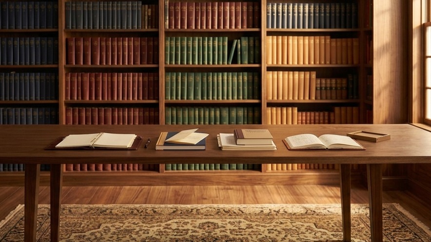 Four sets of specialist materials arranged on a walnut library table — the coordinated structure of integrated wealth services.