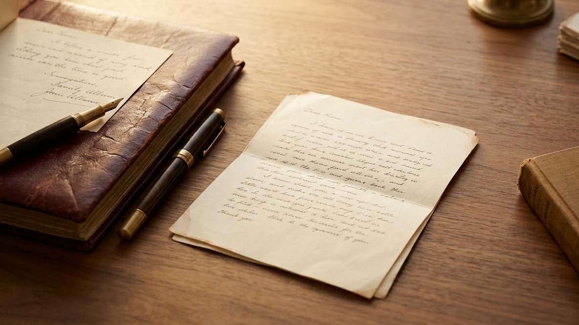 Leather-bound family album, fountain pen, handwritten letter, and worn book on a walnut desk — the substance of what integrated wealth services stewards.