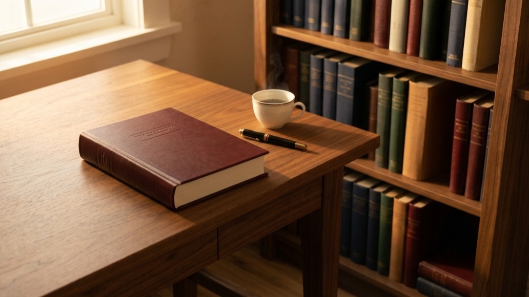 Bound comprehensive financial plan on a walnut writing desk — the central artifact of multi-generational wealth management at Palmer Wealth Group.
