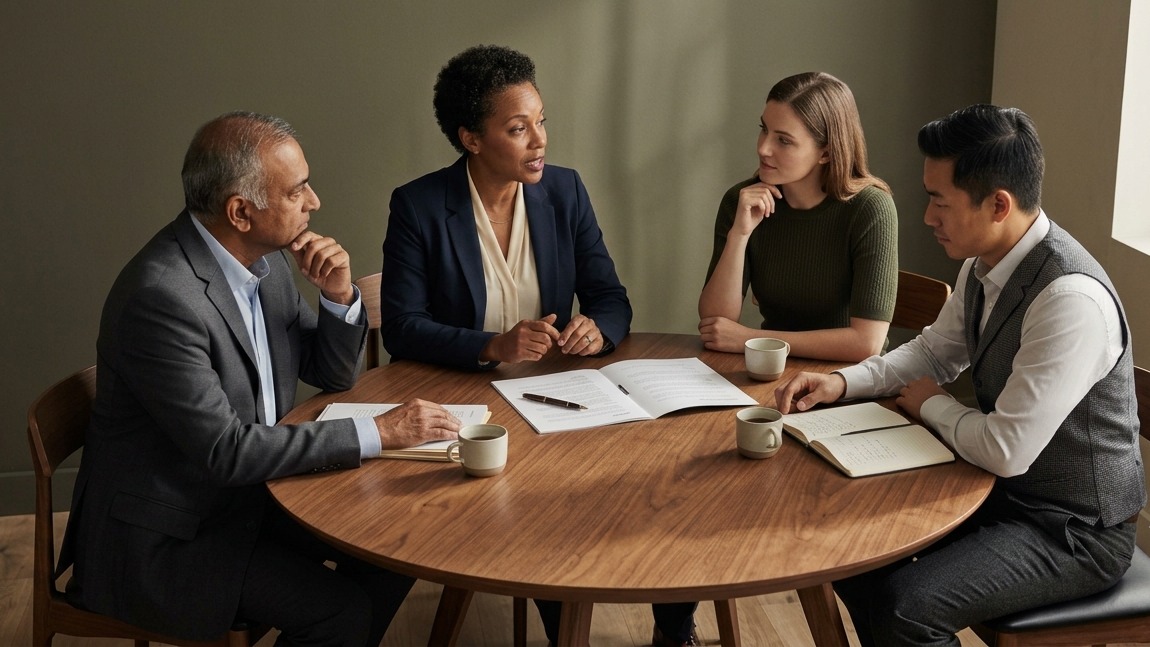 wealth-management-careers-ensemble-team-palmer-wealth-group Wealth management careers at Palmer Wealth Group — four advisors collaborating around a round conference table in an ensemble practice.